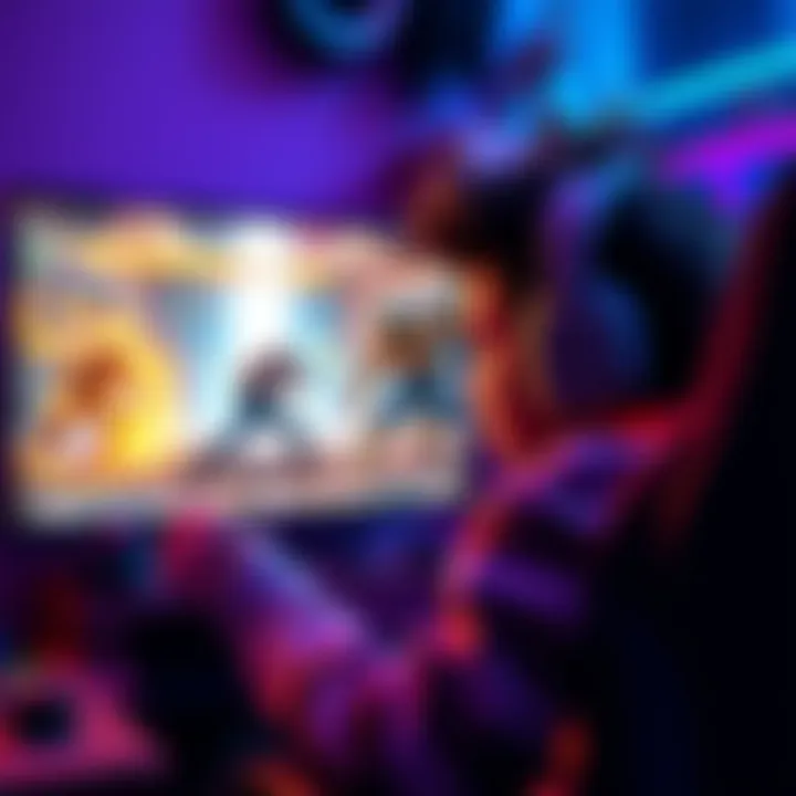 A gamer listening to music while playing video games, focused on a screen showing a boss fight scene