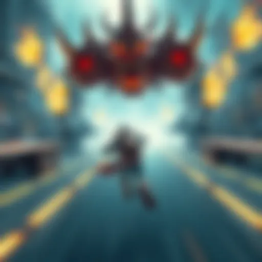 A character rushing toward a boss in a video game, avoiding platforms and mechanics to score high.