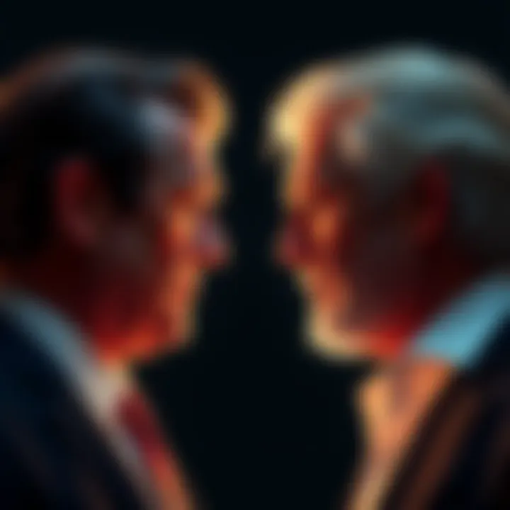 Two bosses facing off, one with a confident posture and the other with a thoughtful expression, symbolizing different leadership styles.