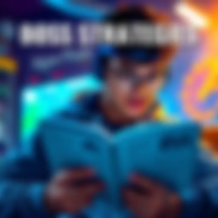 Boss Strategies A gamer studying strategies to defeat bosses in a game, with a guidebook and controller in hand.