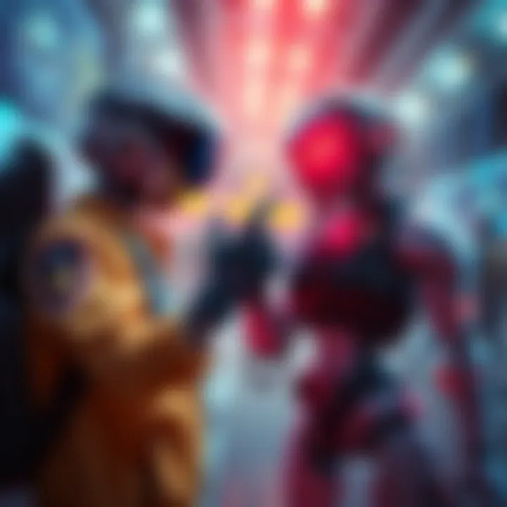 A player character interacting with another character that appears robotic in a gaming arena, highlighting issues of bot play.