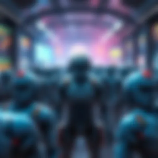 A chaotic game lobby filled with robot characters, showcasing a lack of real players after achieving the Ace Dominator title.