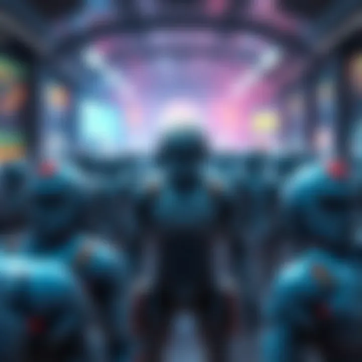 A chaotic game lobby filled with robot characters, showcasing a lack of real players after achieving the Ace Dominator title.