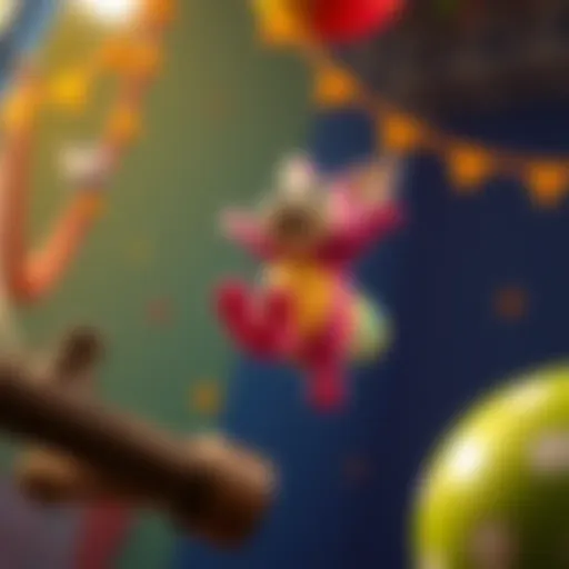 A colorful Catapollips character bouncing off a slingshot mechanism, showcasing its unique design and playful environment.