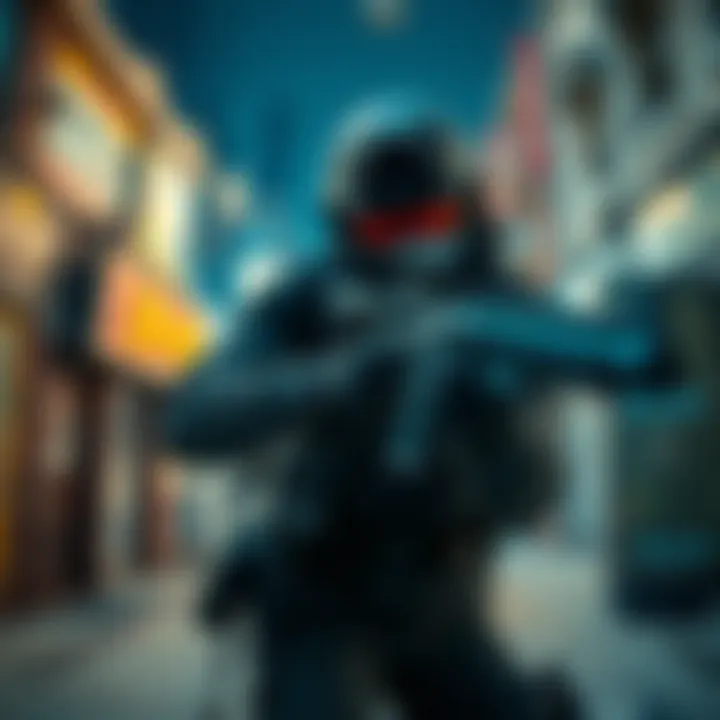 A bounty hunter equipped with tactical gear aims at a target in an urban setting.