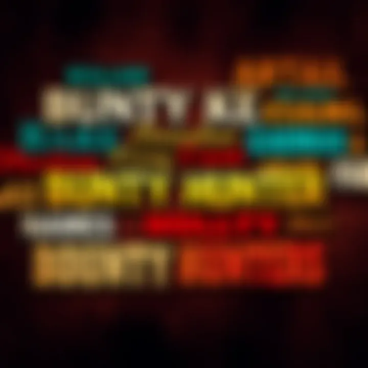 A collage of creative bounty hunter names overlaid on a rustic background, showcasing different styles and fonts.