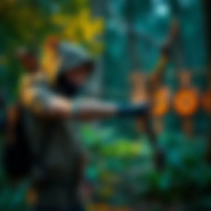 A gamer refining bow skills in a lush forest setting, focused on archery techniques and aiming at targets.