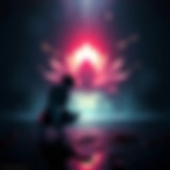 Bowing to the Lotus A character bows before a glowing Lotus in a dark and mysterious environment