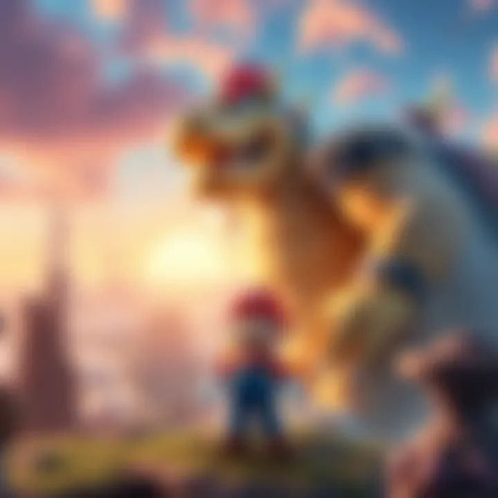 Bowser in Fury Mode Bowser towering over a vibrant open world with Mario in the foreground, showcasing dramatic and colorful scenery.