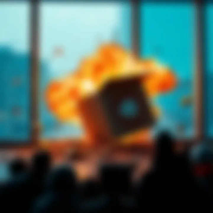 A box exploding near a window, with debris scattered and a shocked crowd nearby