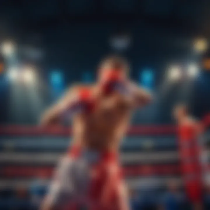 A determined boxer in a ring, preparing to throw a punch, embodying the spirit of 'Float like a butterfly, sting like a bee.'