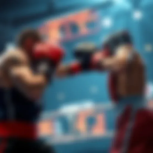 A player boxing in a game, focused on the opponent, with a virtual scoreboard visible, showcasing game strategy in action.