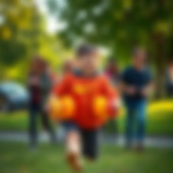 A chubby young boy happily exercising in a park, surrounded by supportive friends and family, showcasing determination and positivity for his fitness journey.