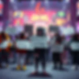 A group of gamers holding signs to boycott AI-generated skins, showing a variety of gaming characters and vibrant backgrounds.