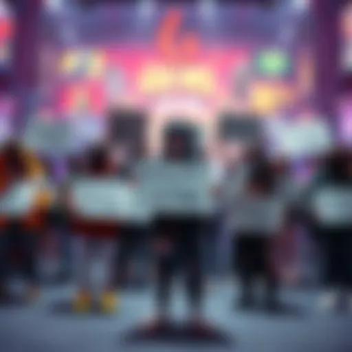 A group of gamers holding signs to boycott AI-generated skins, showing a variety of gaming characters and vibrant backgrounds.