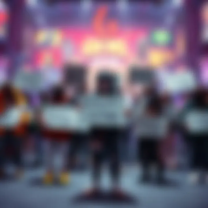 Boycott AI Skins in Gaming A group of gamers holding signs to boycott AI-generated skins, showing a variety of gaming characters and vibrant backgrounds.