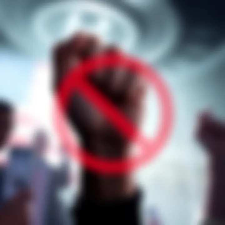 Boycott Symbol A powerful symbol representing a boycott, featuring a fist raised in unity and a no sign overlaying an image of unacceptable actions.