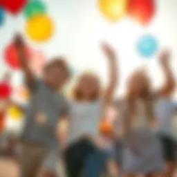 A group of boys and girls joyfully celebrating together, holding balloons and smiling, with a bright sky in the background.