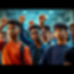 A group of young men standing together, looking determined and ready for change, with their fists raised in solidarity.