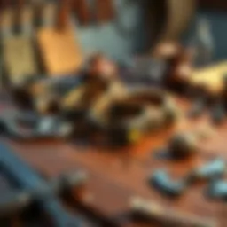 A set of ornate bracelets designed to enhance strength, resting on a wooden table surrounded by tools and materials used for crafting.