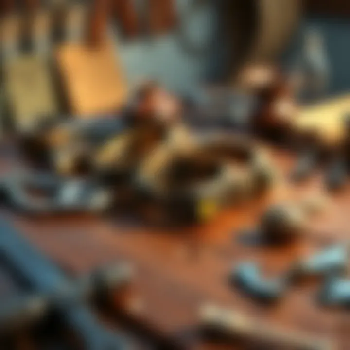 A set of ornate bracelets designed to enhance strength, resting on a wooden table surrounded by tools and materials used for crafting.