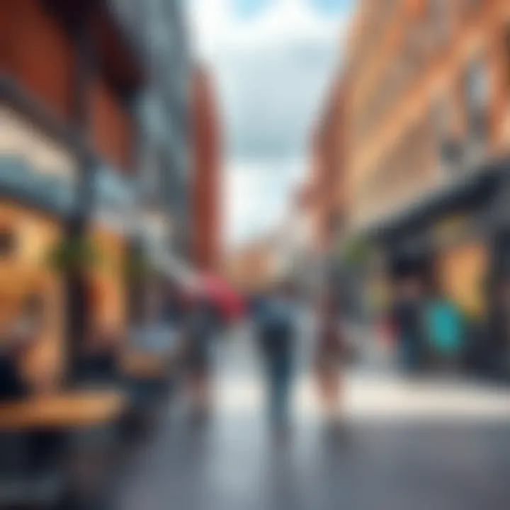 A vibrant Bracknell town center filled with young renters enjoying cafes and shops, showcasing the local culture and community.