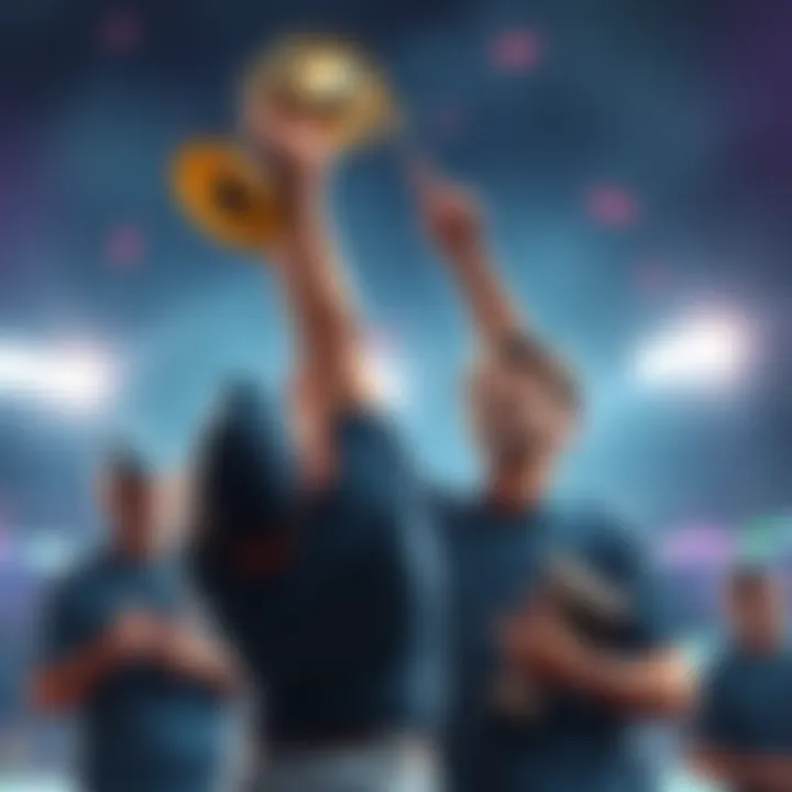 Brad raises his trophy in celebration while other players look on disinterested