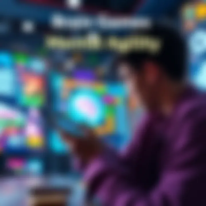 A person playing a brain game on a tablet, with colorful graphics and various game elements visible in the background.