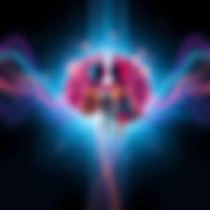 Illustration showing a human brain surrounded by colorful waves representing frequencies, with silhouettes of different beings in the background.