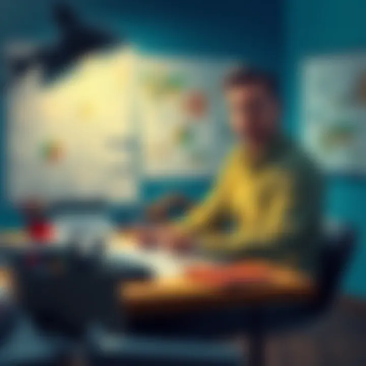 A person sitting at a desk surrounded by sketches and notes, brainstorming new ideas with a focused expression.