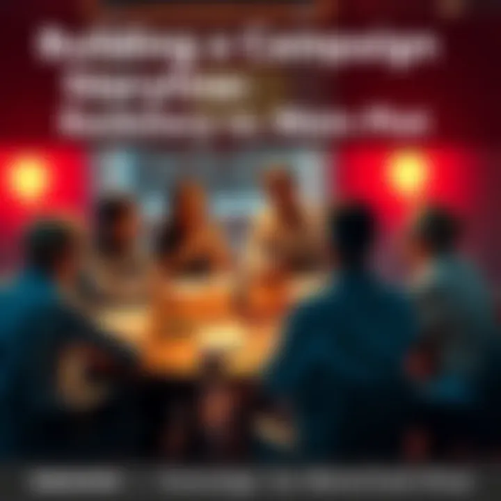 A group of people sitting around a table, discussing ideas for a campaign storyline, with notebooks and dice in front of them.