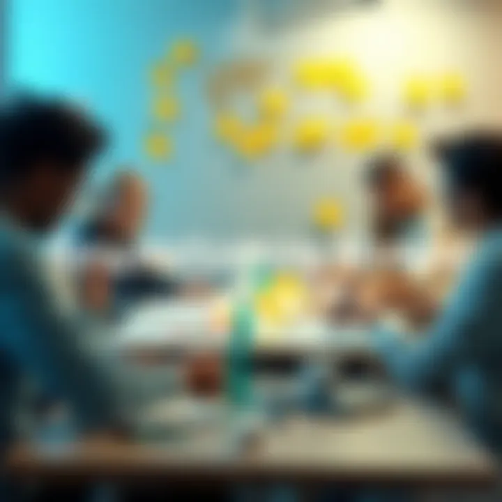 A group of people brainstorming ideas for a new project name around a table with sticky notes and markers