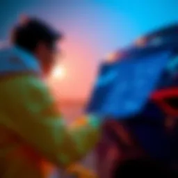 A person cleaning a car while looking at a blueprint of brand features, symbolizing brand enhancement and internal growth.
