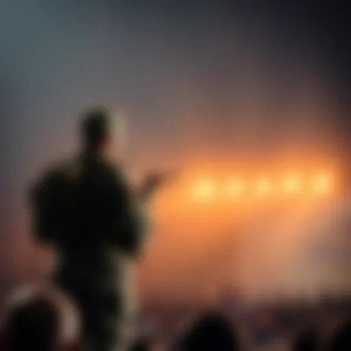 A soldier stands proudly, addressing a crowd with conviction, symbolizing courage and strength within the military community.