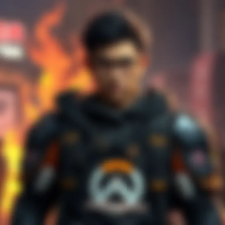 Brave Overwatch Player A Chinese gamer with a determined expression, showing support for his family after a fire incident, standing proudly despite his injuries.