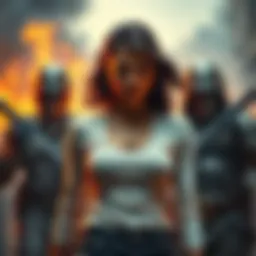 A courageous woman stands defiantly against three members of the Ronin gang in a tense standoff, showcasing her bravery in the face of danger.