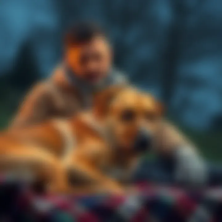 Brawadis sitting beside his dog Booker, who is resting on a blanket, showcasing a warm farewell moment, capturing an emotional scene