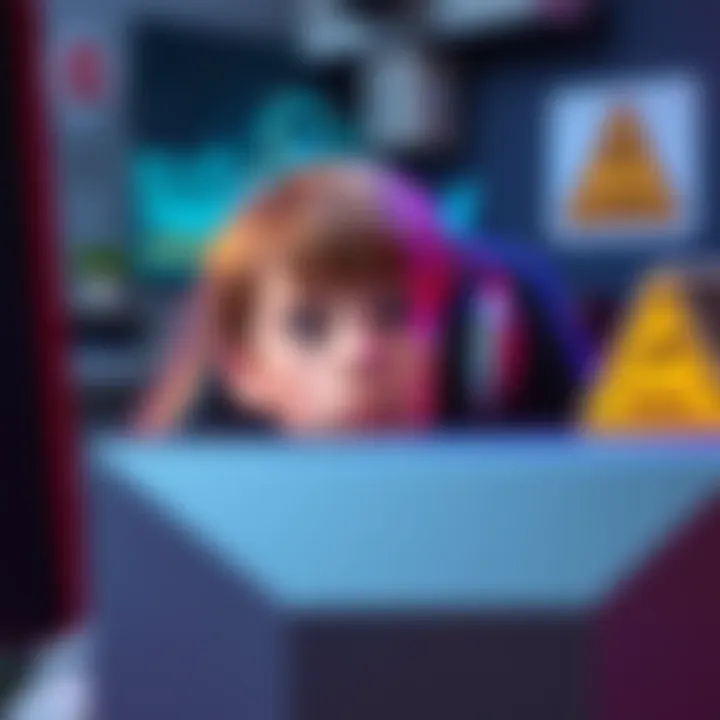 A young gamer looks concerned while playing a video game on a computer, with a warning sign for underage players in the background.