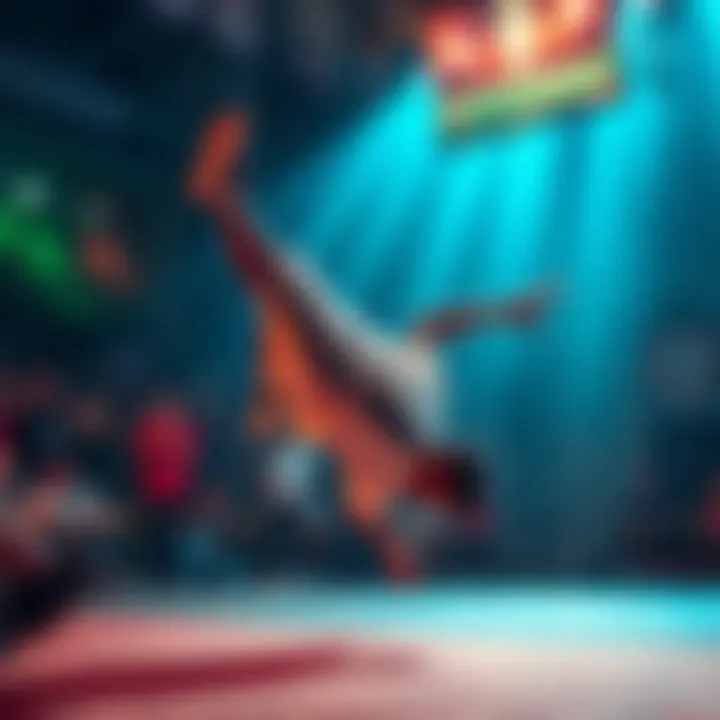 A breakdancer performs an impressive spin move at the FFA finals, showcasing skill and creativity to an excited crowd.