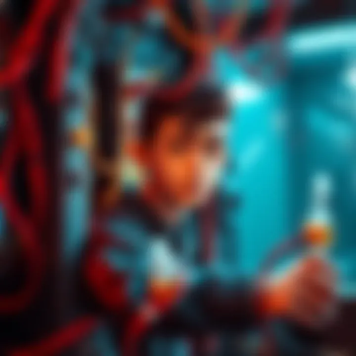 Breaker Puzzle Scene A scene showing a complicated breaker puzzle with colorful wires and buttons, focused on a character named Jacob looking concerned, trying to figure out how to save himself.