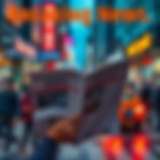 Breaking News A person reading a newspaper with trending news headlines on a busy street.