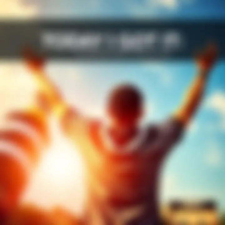 A person celebrating a personal achievement with arms raised in joy outdoors.