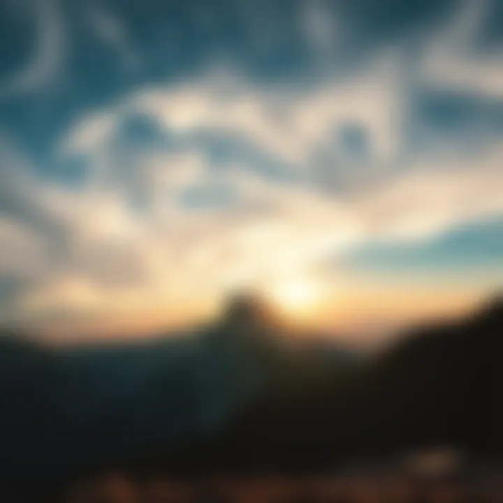 A scenic view of a towering mountain with swirling clouds above and a bright sunset, capturing the essence of adventure and wonder.