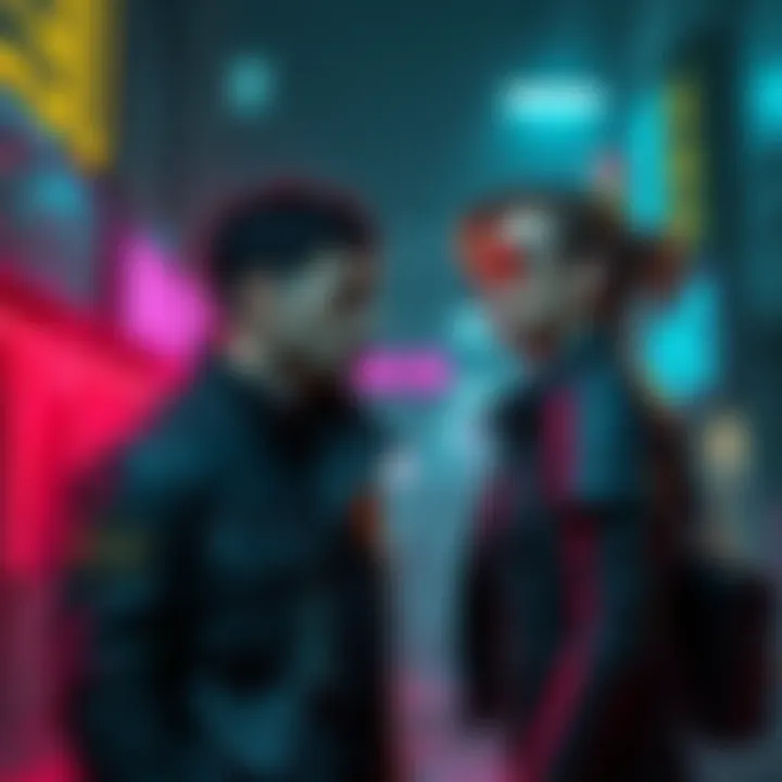 Brendan and Judy talking after a mission in a Cyberpunk setting, with neon lights and a gritty urban backdrop.