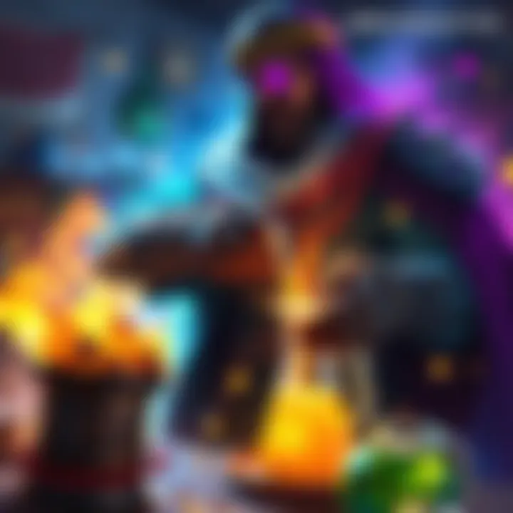 A character skillfully brewing a potion with vibrant colors and effects surrounding them