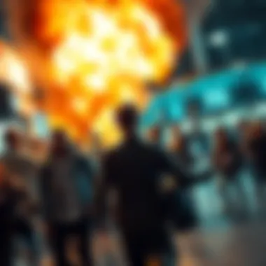 A dramatic scene frozen in time capturing the exact moment of a significant event with people reacting in surprise.