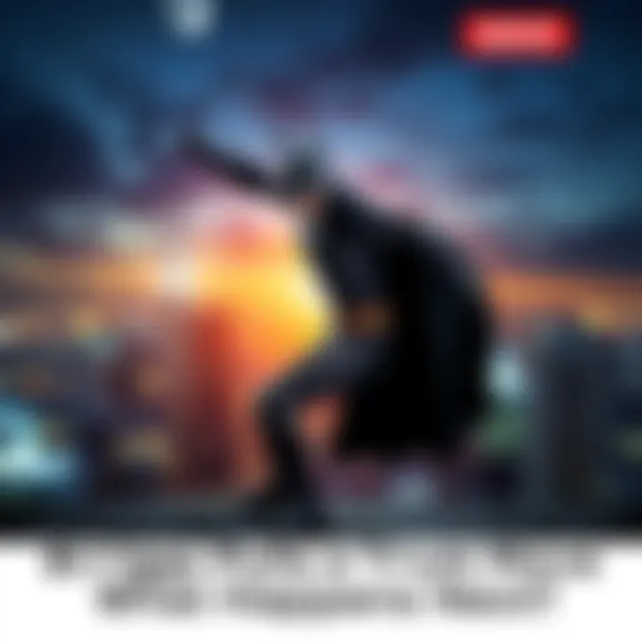 A person in a dark suit striking a heroic pose on a rooftop, resembling Batman, under a night sky with a city skyline in the background.