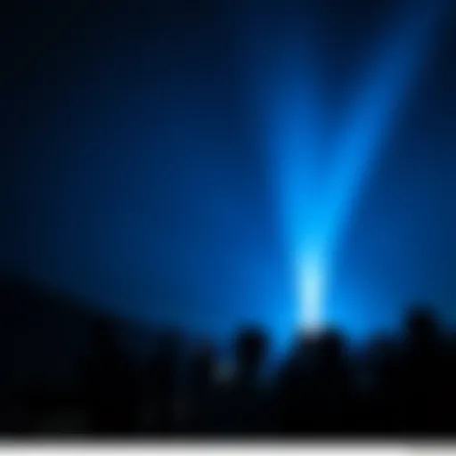 A bright blue light shines in the night sky, illuminating the surrounding darkness, with curious observers looking on.