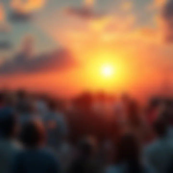 A hopeful sunrise over a diverse group of people gathering, discussing ideas for a better future.