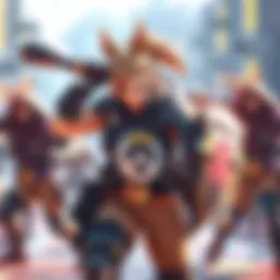 Brigitte character from Overwatch in a brawl, showing her shield and melee weapon, with teammates around her.